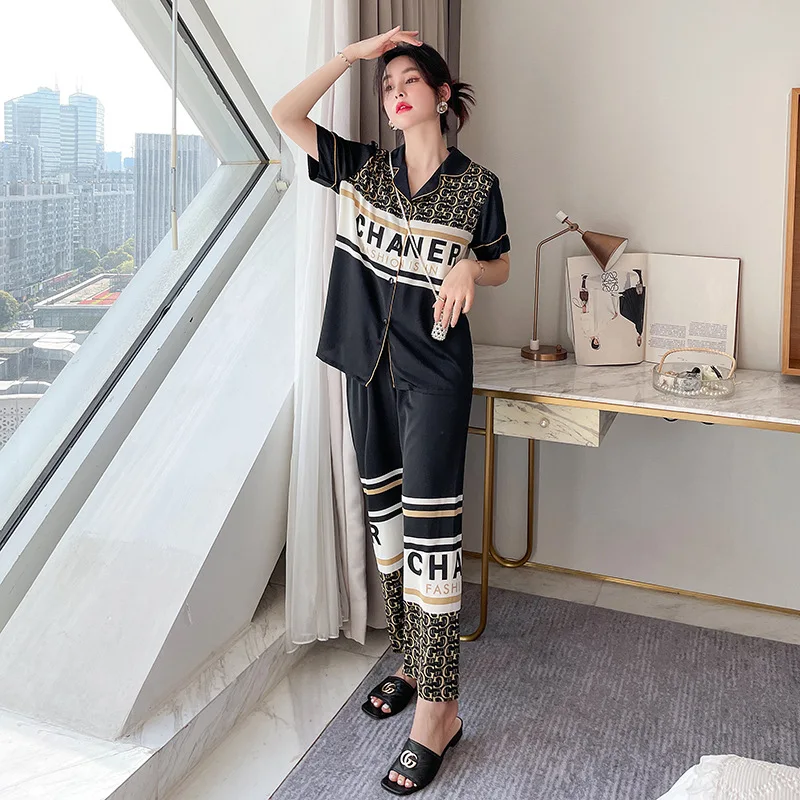 2022 couple pajamas for men and women spring and summer letter printing ice silk imitation silk thin sweet homewear suit