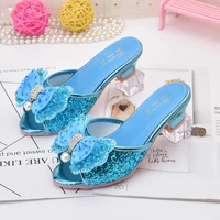slipper girl luxury summer fashion princess kids sandals crystal diamond sequins bow pearl pink blue sliver high heel 3cm shoes