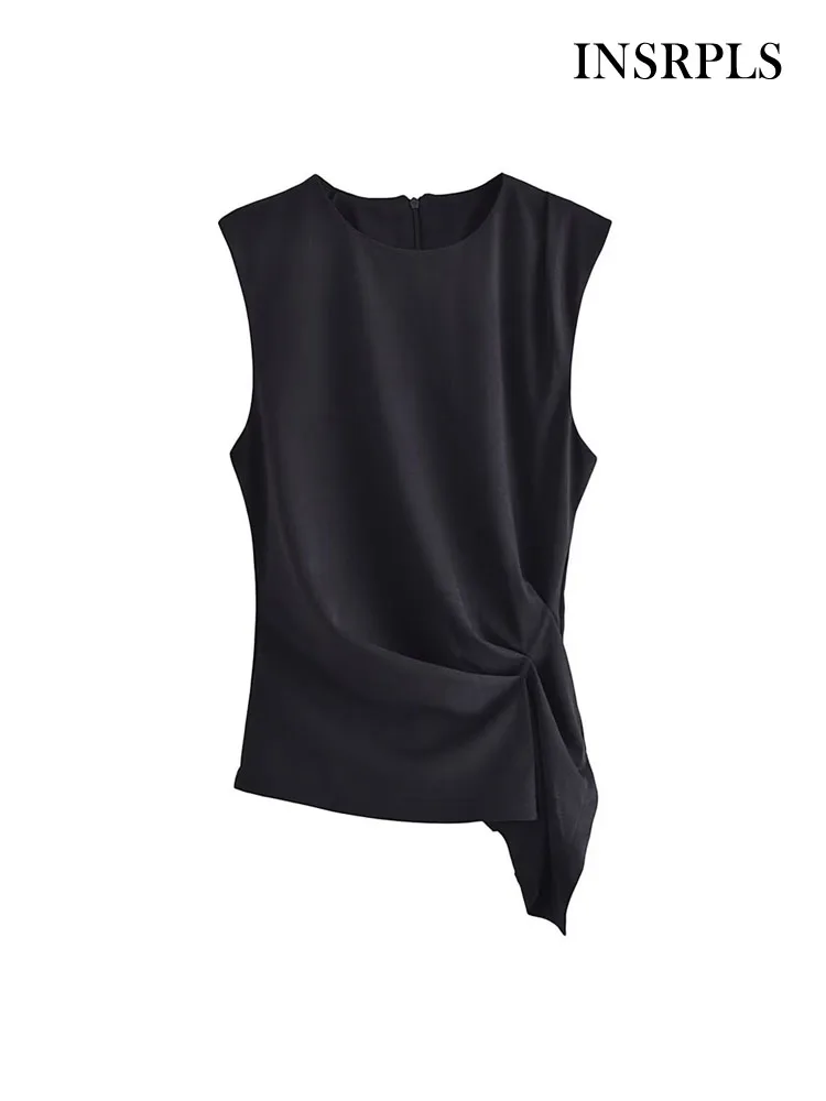 

INSRPLS Women Fashion With Tied Asymmetric Draped Blouses Vintage Sleeveless Back Zipper Female Shirts Blusas Chic Tops