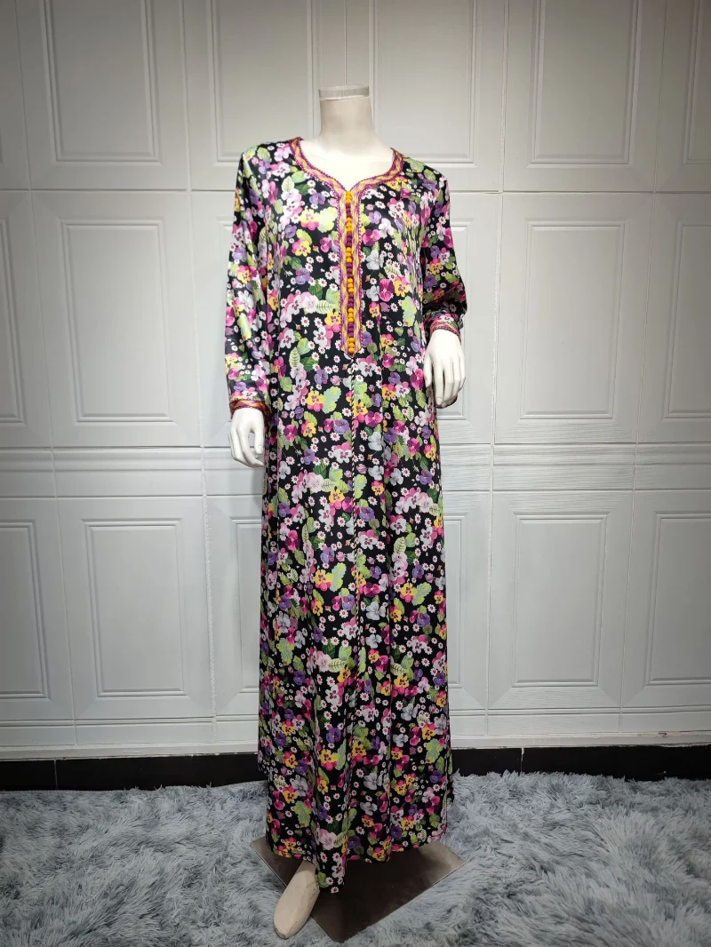 Modest Dress Elegant Casual Summer Floral Printed Long Dresses V-Neck Lace Tape Robe Muslim Women Abaya Dubai Clothing
