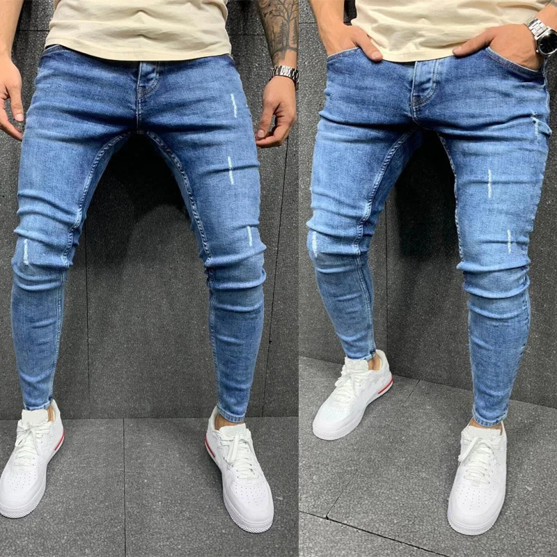 Fashion Mens Skinny Blue jeans Popular Scratch Slim Denim Pants Pencil Pants Autumn Street Hip-Hop Denim Trousers Men's Clothing