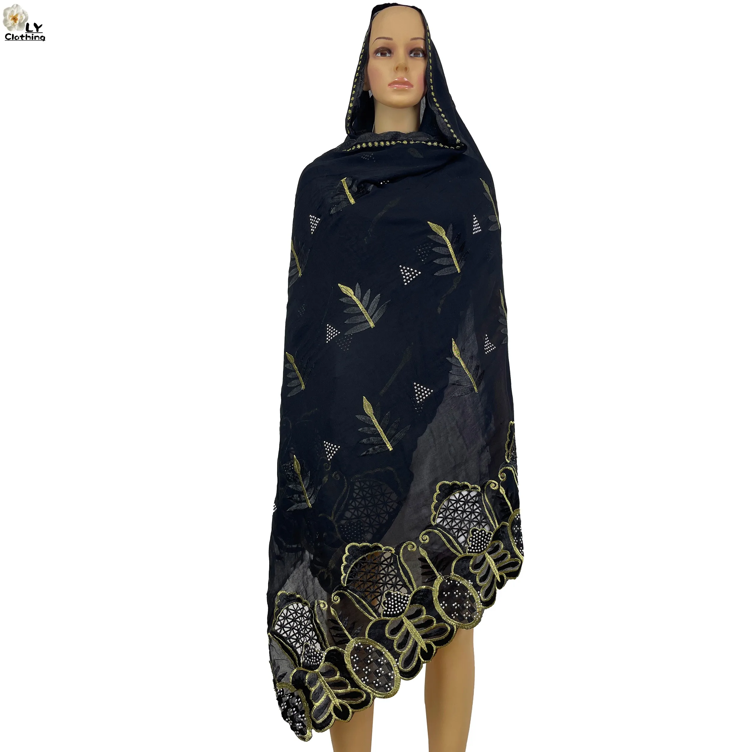 

High Quality New African Women Scarf For Muslim Women African Cotton Hijab Islam Turban Headscarf Embroidery Shawls