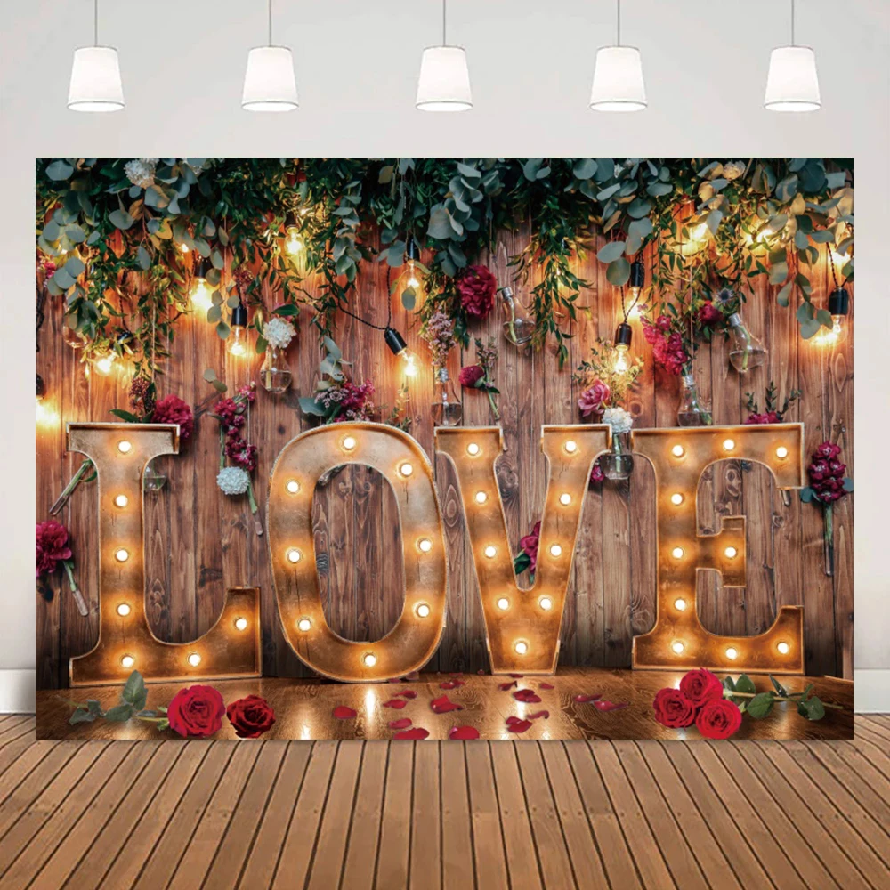 

Light Romantic Valentine's Day Surprise Party Backdrop Wooden Wall Green Plant Photo Background Booth Photography Table Poster