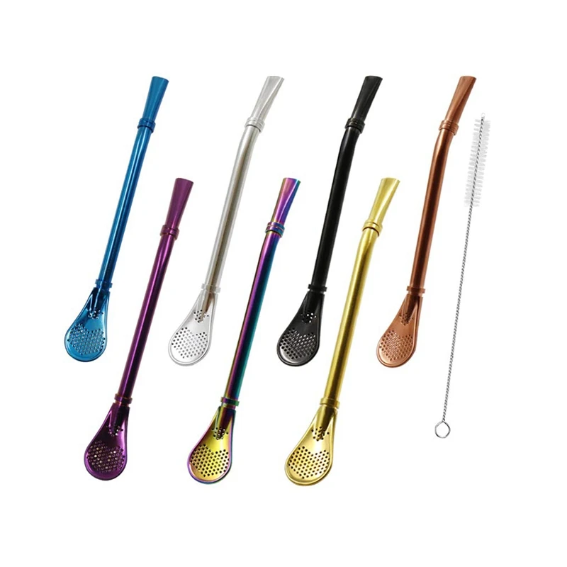 

7 Pcs Reusable Steel Drinking Straws With Filter Spoon For Yerba Mate Bombilla, Stirring Spoon Set With Cleaning Brush