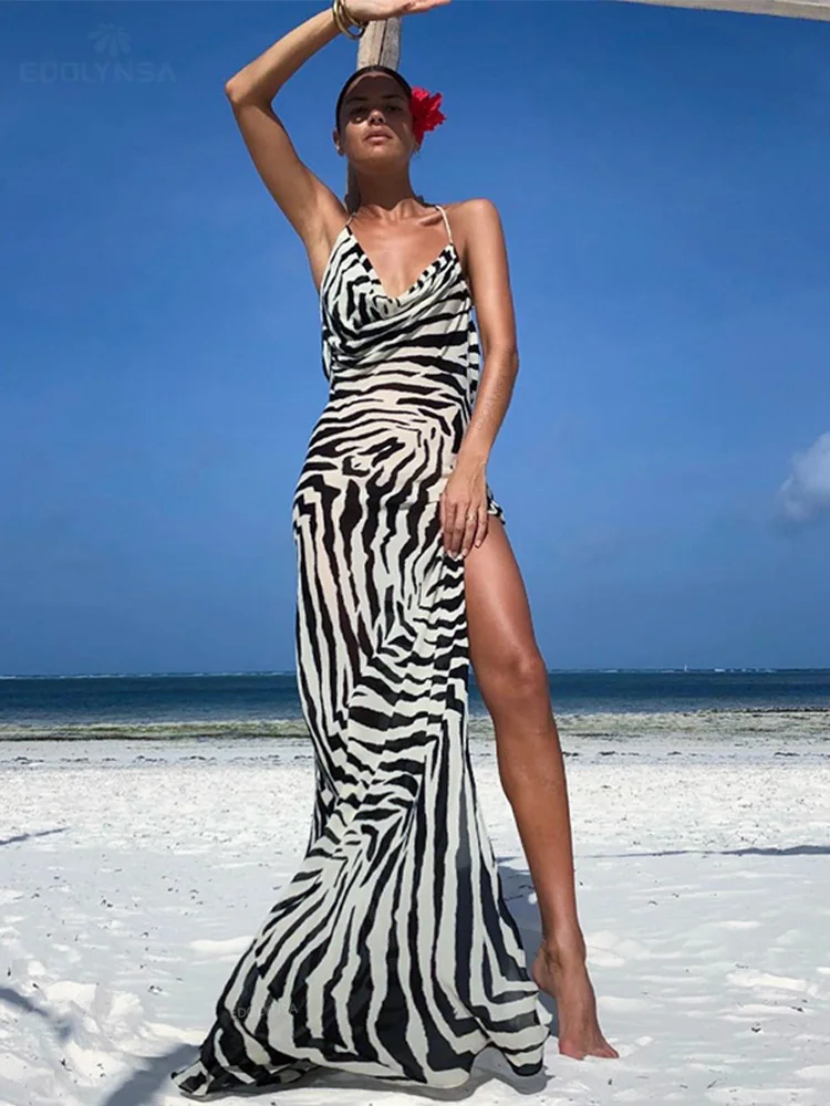 

Женское пляжное платье на бретелях-спагетти, откровенное летнее платье с разрезом сбоку, элегантный сарафан с открытой спиной и зеброй для ...