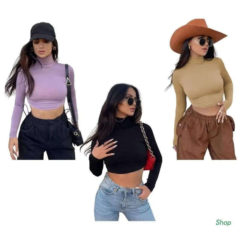 

L5YC Womens Solid Basic Crop Top Sexy Turtleneck T-shirt Skinny Long Sleeve T-Shirts