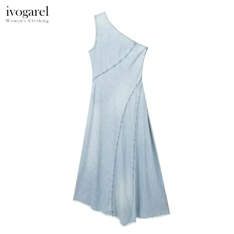 

Ivogarel Elegant Sleeveless Denim Midi Dress with Asymmetric Neckline Traf Pretty Women's Summer Sundress with Frayed Hem