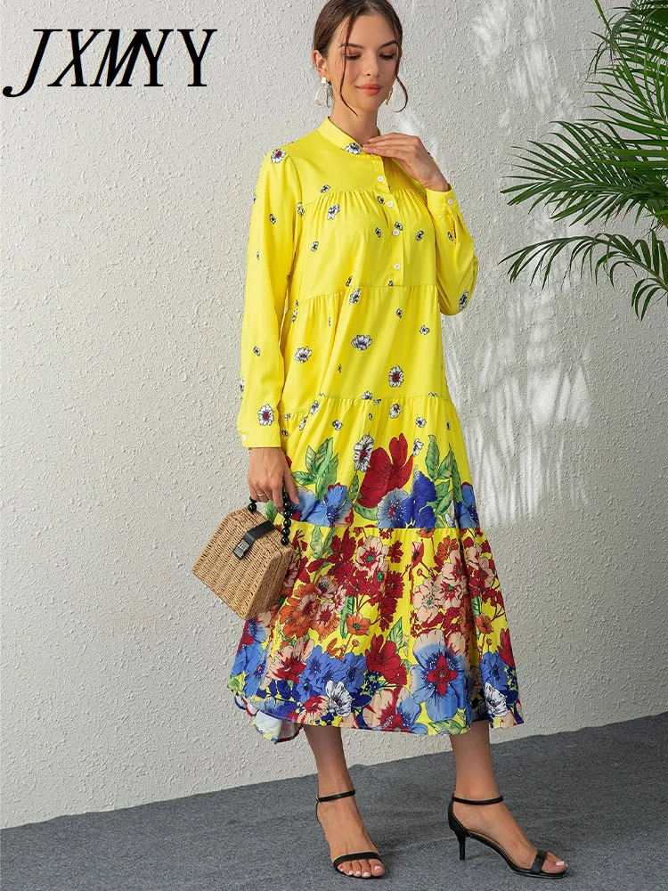 

JXMYY 2022 European And American Autumn Fashion New Cake Retro Long Skirt High-End Loose Waist Printed Long-Sleeved Dress
