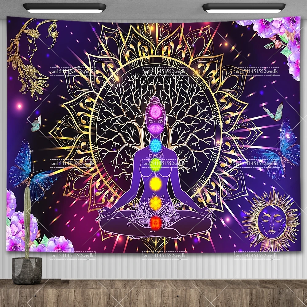 Seven Chakra гобелен Йога Медитация Луна и солнце гобелены Астрология настенная