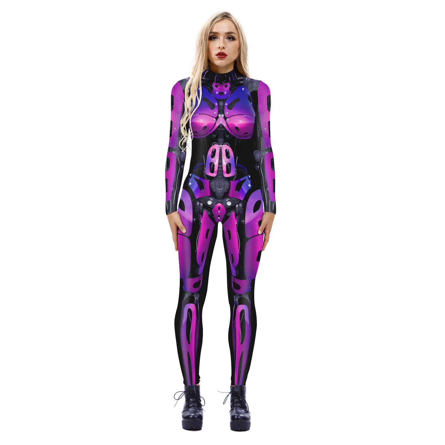 

Robot colored skeleton 3D digitally printed tights Halloween cosplay costume Women's long-sleeved one-piece steampunk