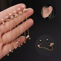 1piece korean fashion double pierced chain stud earrings for women 2022 trend piercing jewelry flower zircon earrings for teens