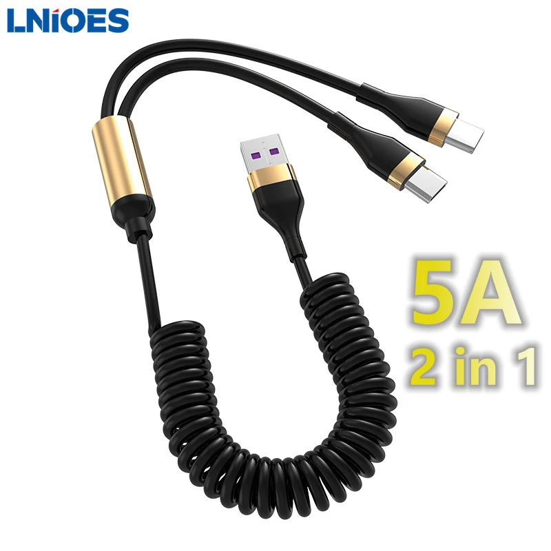 

LNIOES Retractable 2 in 1 5A Super Charging USB Cable Spring Type C Fast Charger Micro USB Cable Wire USB C Cable Alloy Plug