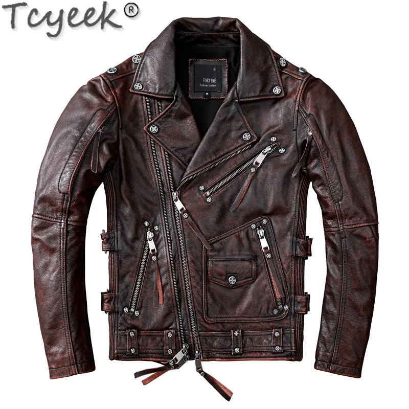 Tcyeek Streetwear Natural Real Cow Leather Coat Men Clothes 2022 Motorcycle 100% Genuine Leather Jacket Man Hommes Veste 1928
