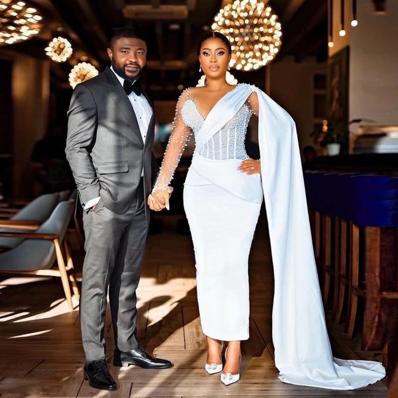 

Pearls Beaded Sheer Long Sleeves Evening Gowns Saudi Arabia Sheath Prom Dresses Women Formal Wear Robe De Soiree