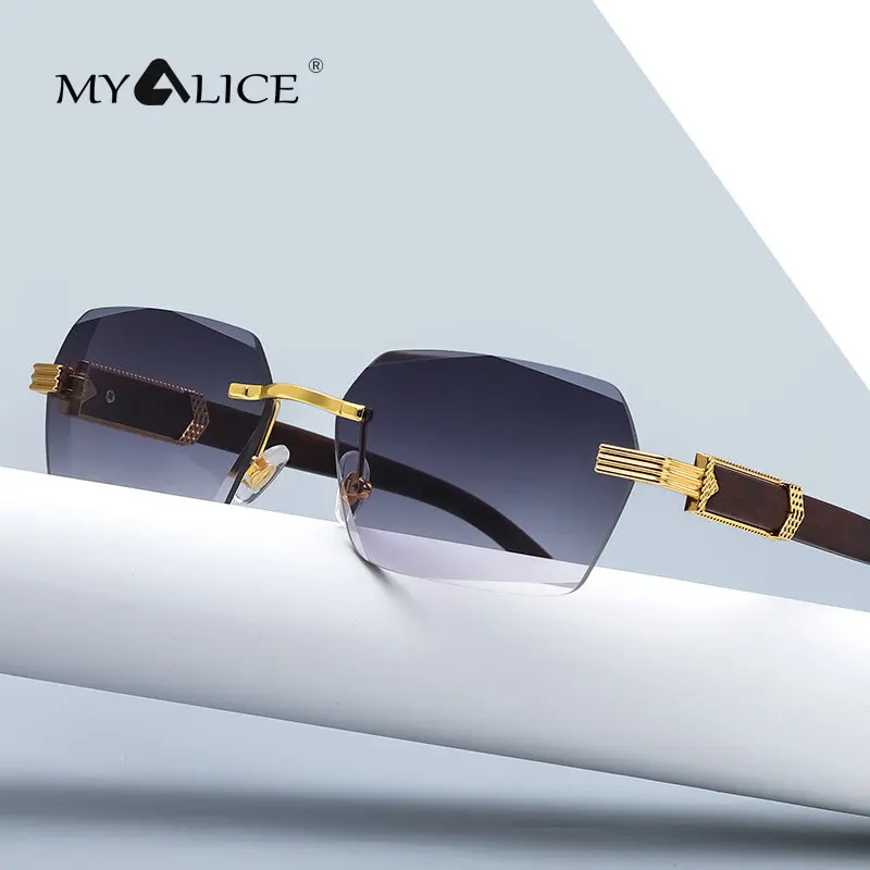 

MYALICE Модные солнцезащитные очки без оправы женские деревянные металлические резные бокалы с дужками популярность Oculos De Sol Feminino UV400