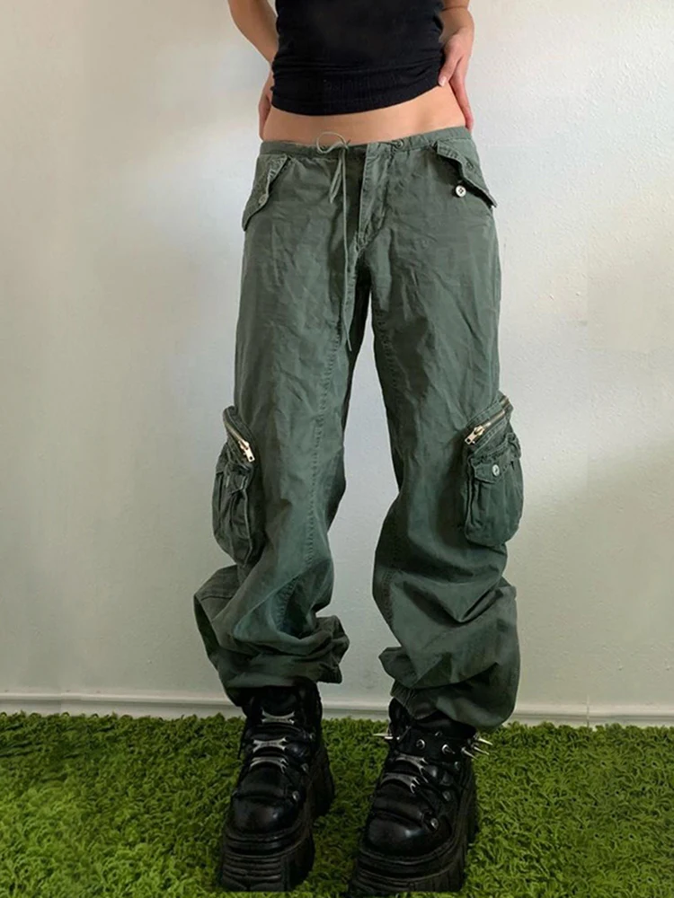 

WeiYao Retro Green Low Waist Cargo Denim Pants Woman Big Pockets Baggy Casual Style Jeans High Street Hippie Joggers Techwear