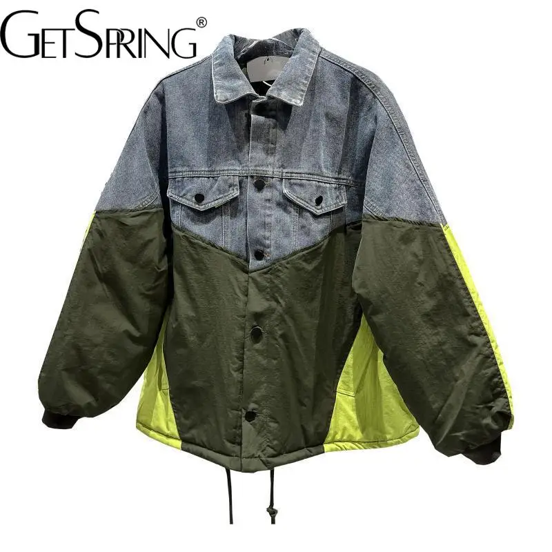 

Парка GetSpring для женщин, зимняя стеганая джинсовая куртка на шнуровке, свободная длинная теплая куртка для отдыха, новинка 2022