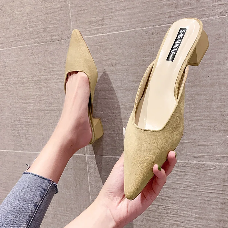

Cover Toe Female Shoes Mules For Women 2022 Low Med Slippers Summer Slides Square heel Loafers Fashion New Pointed Block Luxury