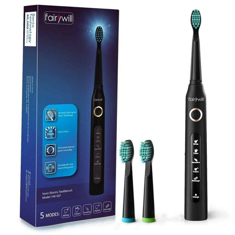 

Fairywill Electric Sonic Toothbrush FW-507 Rechargeable USB Charge Waterproof Electronic Tooth 8 Brushes Replacement Heads Adult
