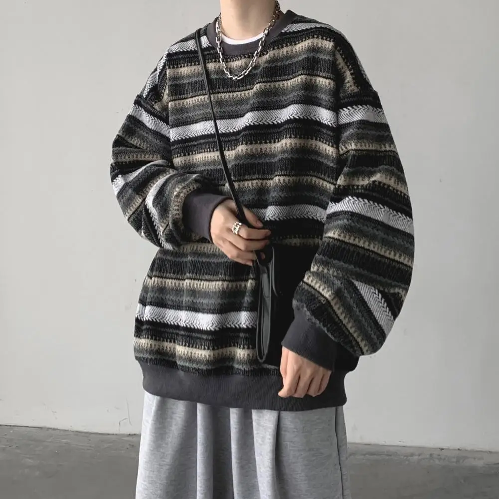 

Stylish Sweatshirt Contrast Color Keep Warm Soft O Neck Anti-shrink Winter Sweatshirt