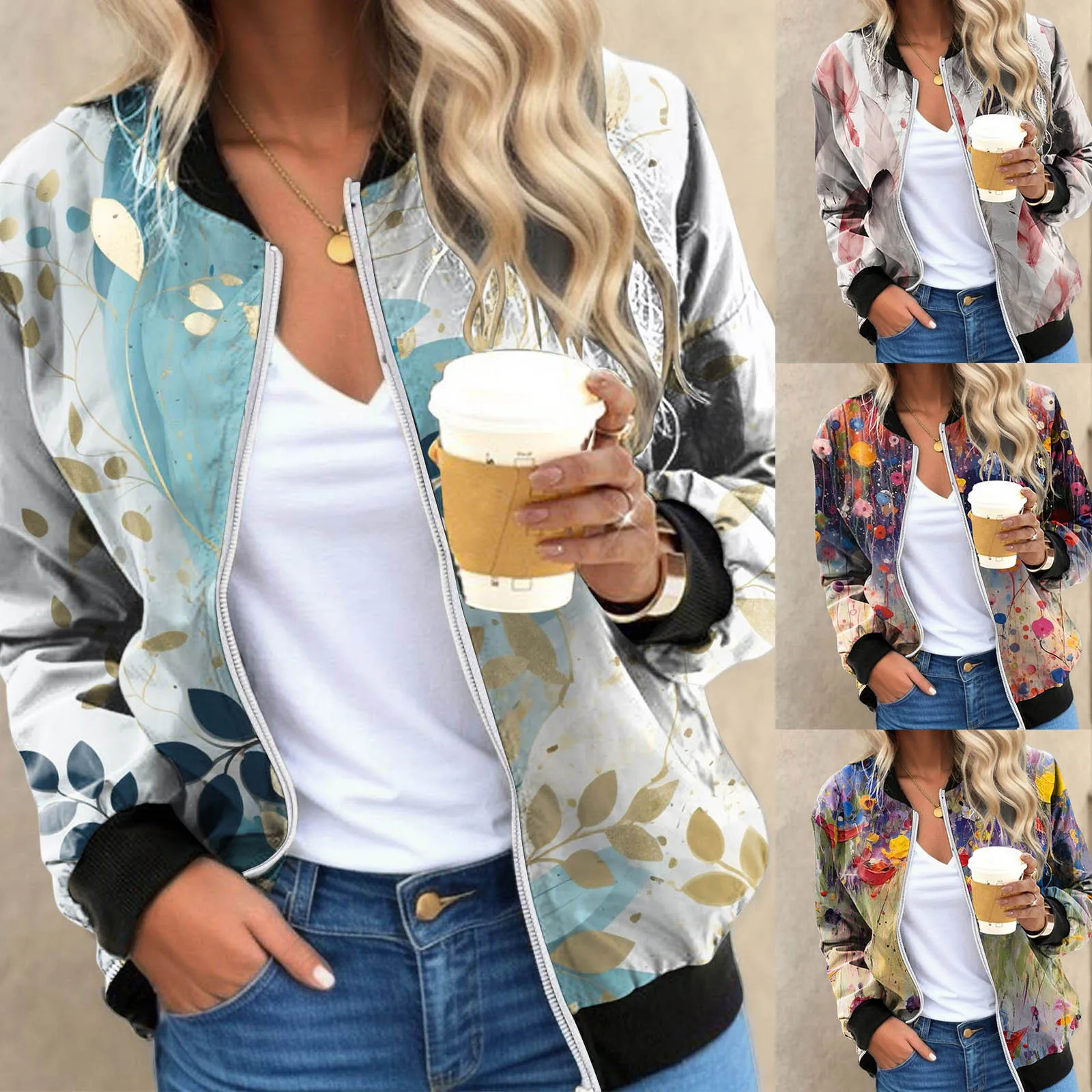 Куртка-бомбер женская с цветочным градиентом Элегантный Приталенный пиджак для