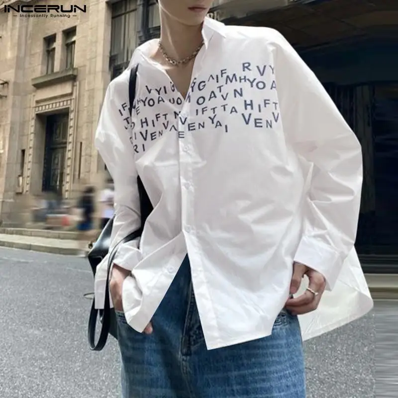 

INCERUN2023 Men Shirt Letter Printing Oversize Lapel Long Sleeve Button Men Clothing Fashion Korean Style Casual Shirts S-5XL