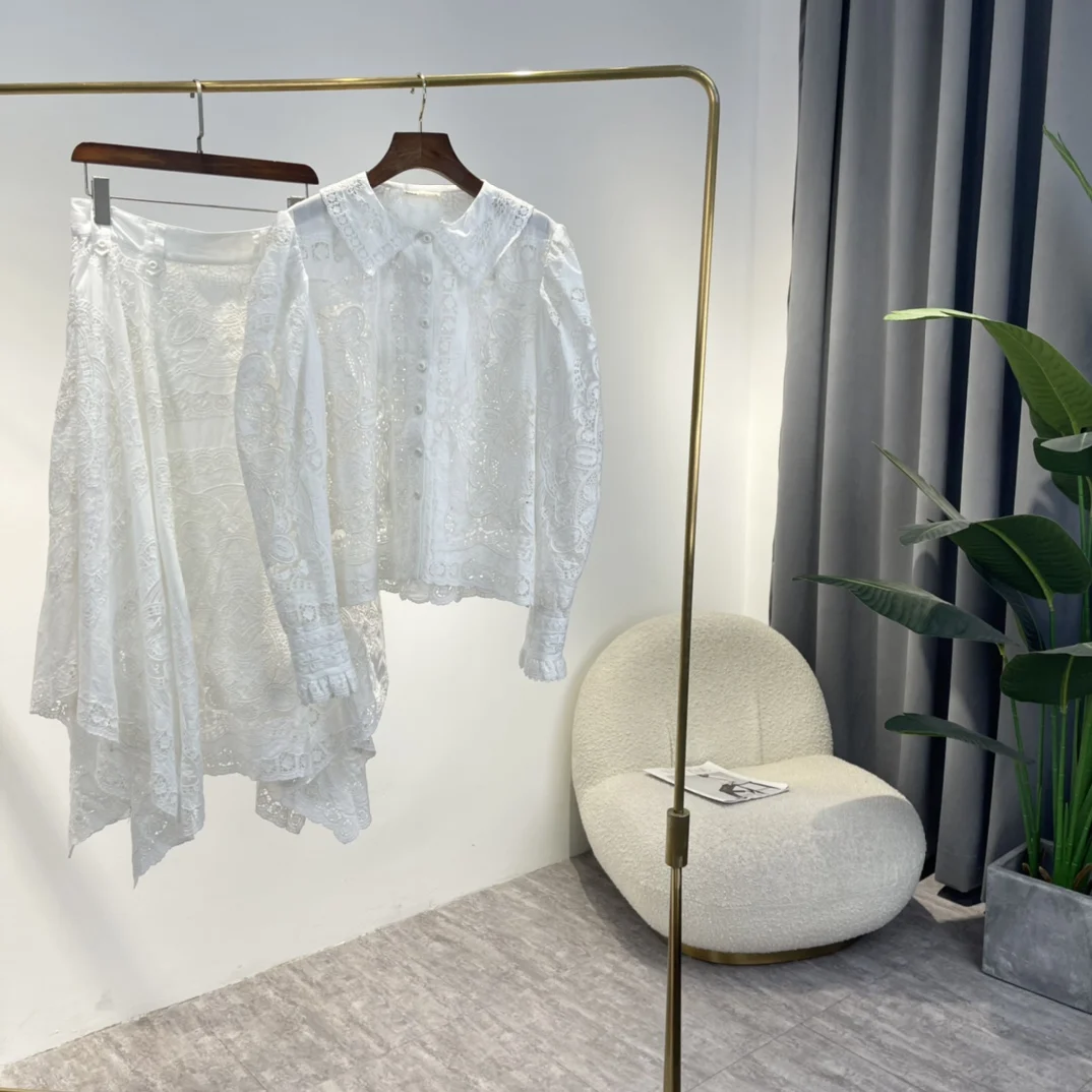 

Woman Suit 2022 Spring Top Quality Cotton Elegant Style Hook Flower Hollow Puff Sleeve Mid-calf Brown Black White Skirts Set