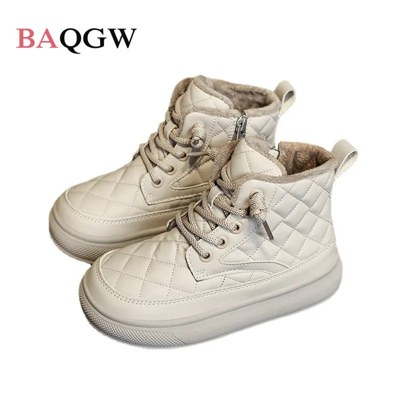 

Детские зимние теплые хлопковые ботинки, пушистые высокие детские ботинки, обувь для маленьких девочек, Удобная нескользящая обувь на шнуровке