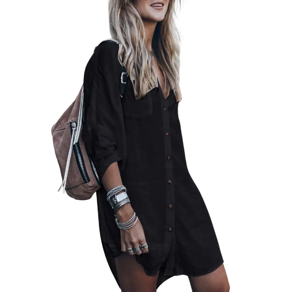 

Ladies Shirt Lapel Shirt Top Lady Solid Color Sunscreen Shirt Dress