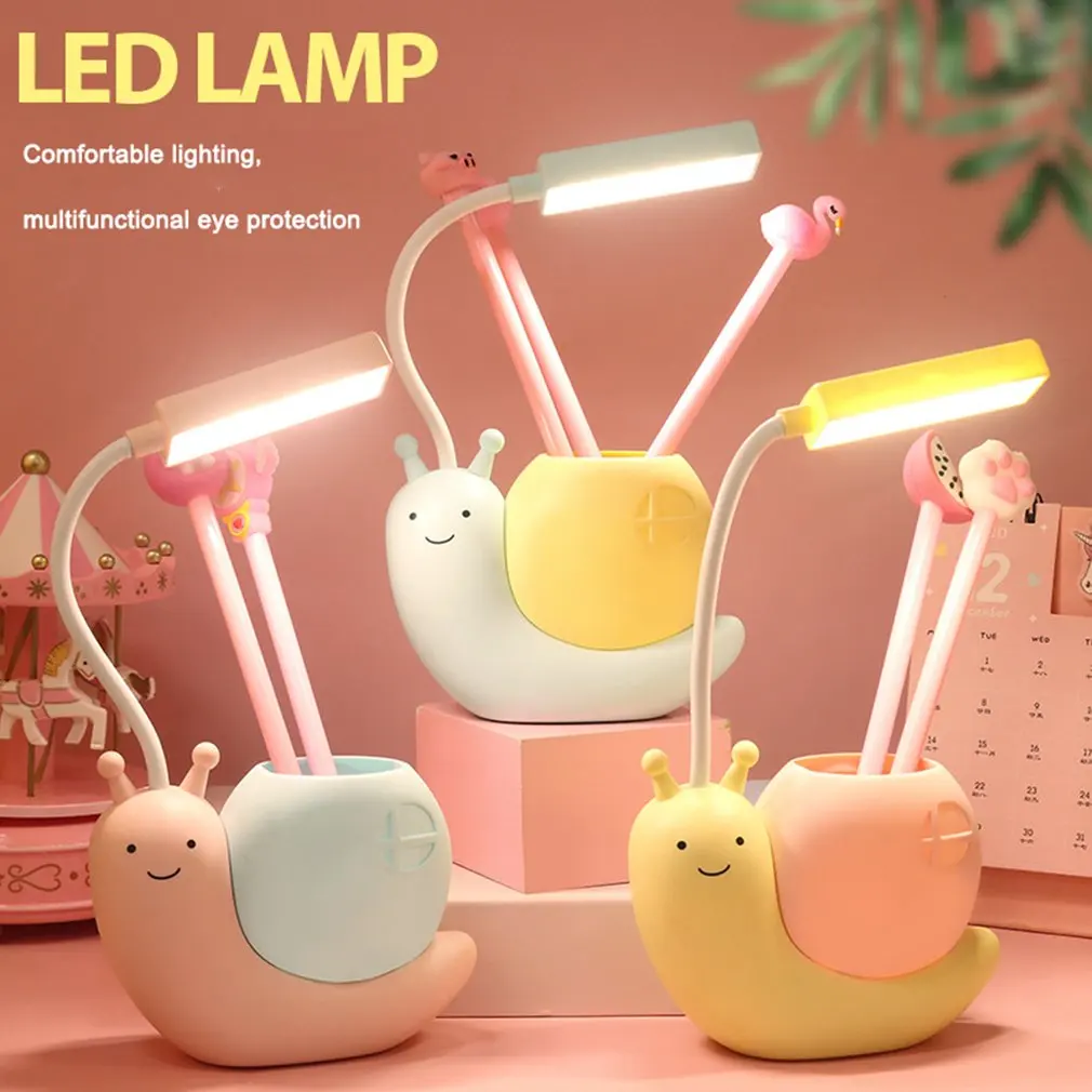 LED Desk Lamp Nordic Cute Snail USB Charging Lamp Kids Bedside Night Light Bright Eye Protection Reading Lamp With Pen Organizer AliExpress