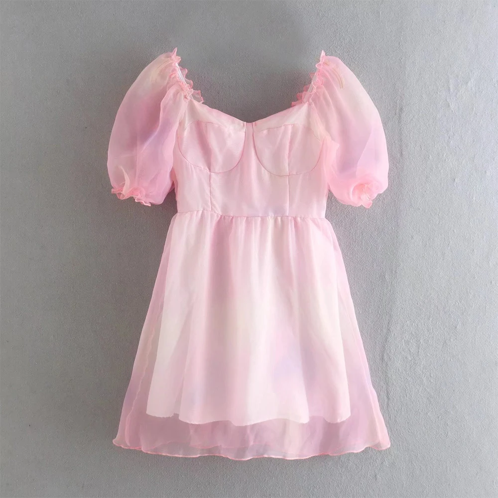 

2022 Summer New Colorful Organza Square Neck Lace Back Side Zipper Puff Sleeve Short Sleeve Pink Fashion Dress