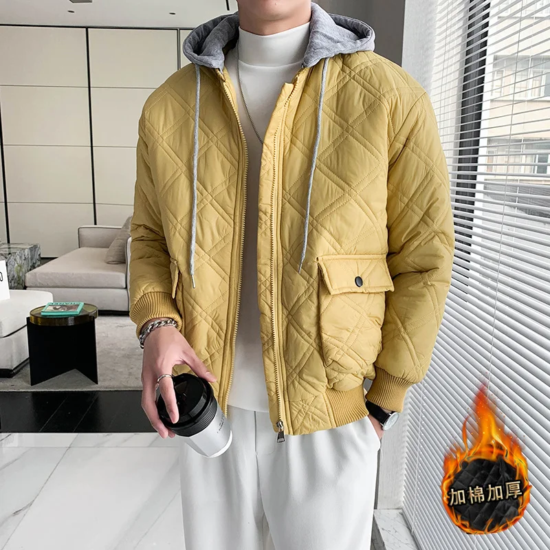 Winter Jacket Men Warm Fashion Plaid Thickened Hooded Jacket Men Streetwear Korean Slim Thick Short Coat Mens Parker Clothes
