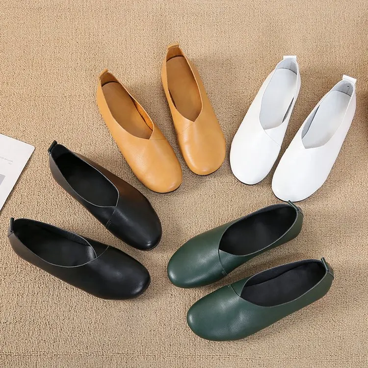 

2023 Pu Leather Flat Shoes Woman Hand-sewn Pu Leather Loafers Flexible Spring Casual Shoes Women Flats Women Shoes