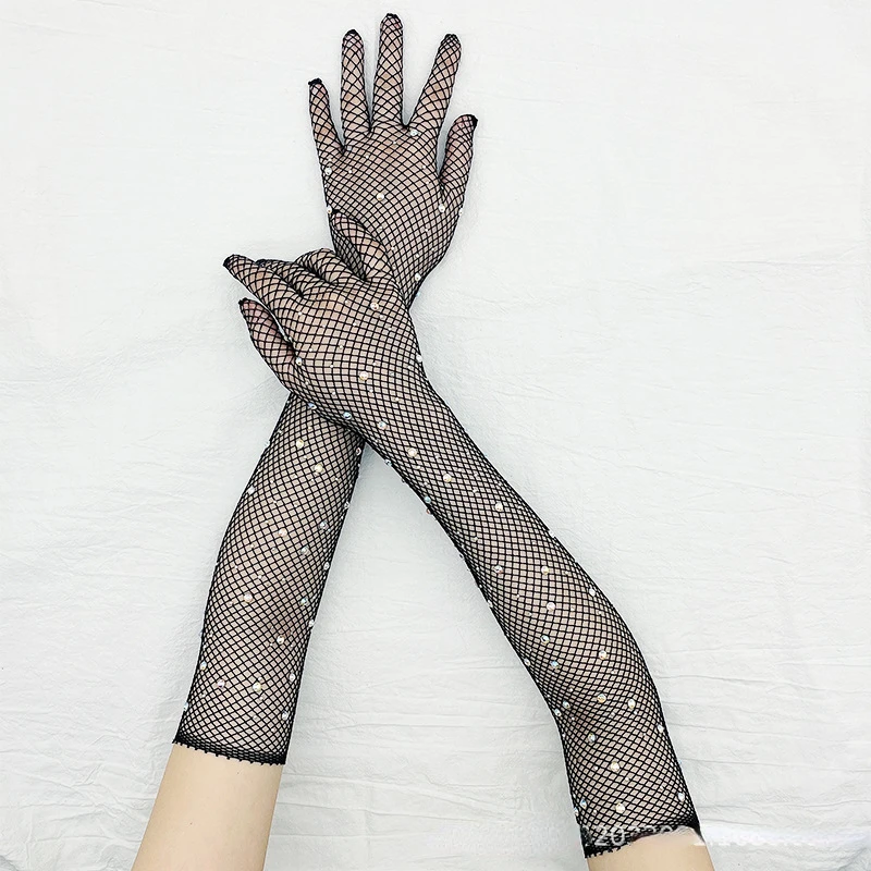 

Long Sexy Mesh Gloves With Rhinestones Cosplay Hollow Fishing Net Punk Hiphop Women's Gloves Diamonds Fancy Fishnet Gloves