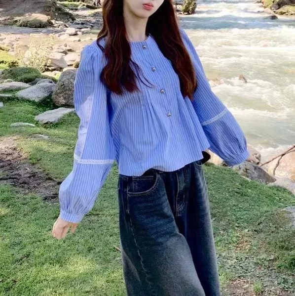 Blue Striped Bubble Sleeve Short Casual Top Women's Korean Style Shirt Wear Female