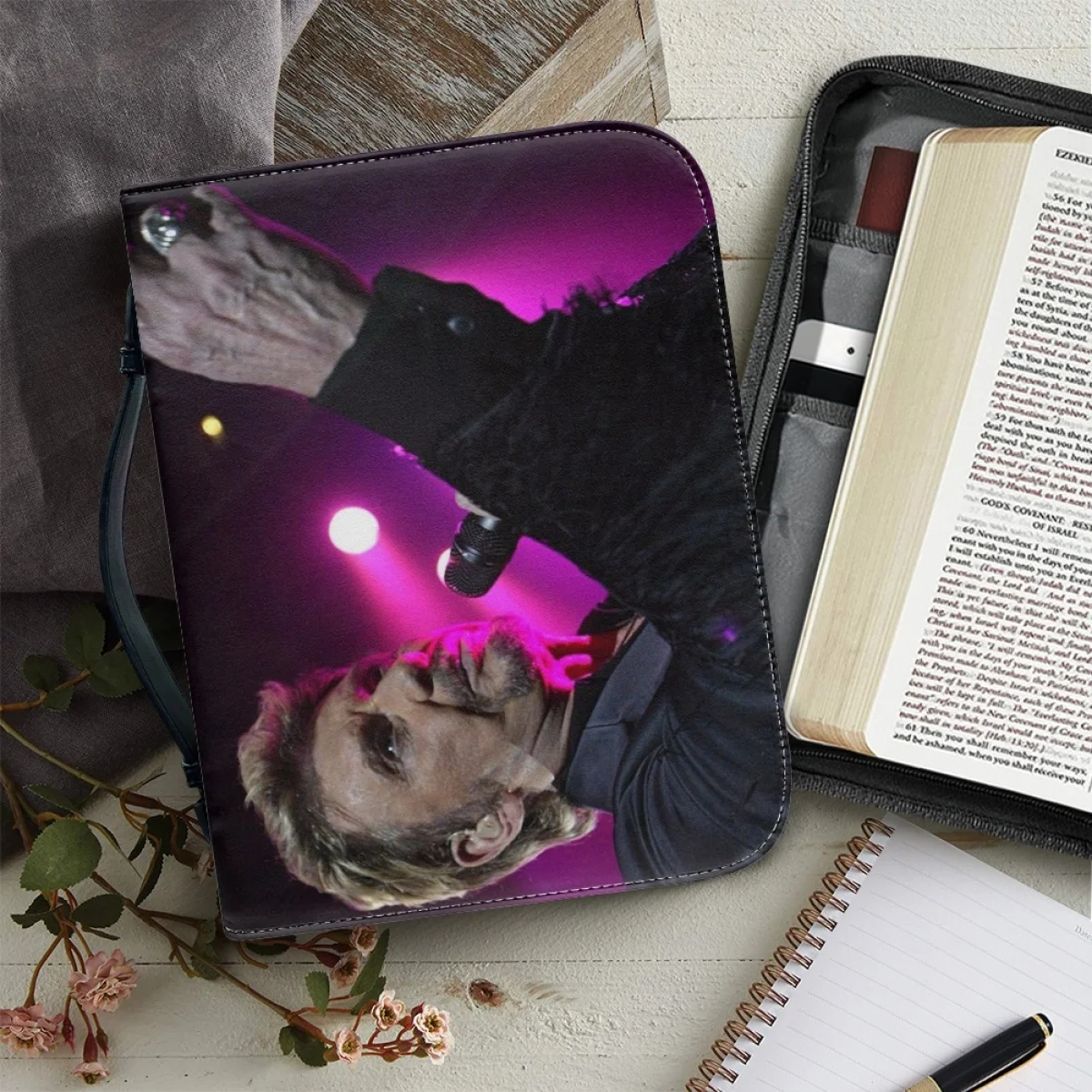 

FORUDESIGNS Johnny Hallyday Print Bible Storage Bags Women Leather Bible Cover Case Zipper Handle Handbags Bible Protection