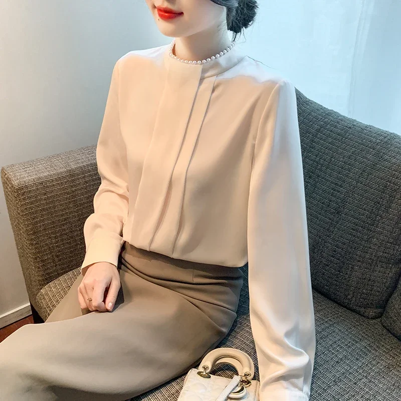 Новая модная шифоновая блузка с длинным рукавом и круглым вырезом рубашка