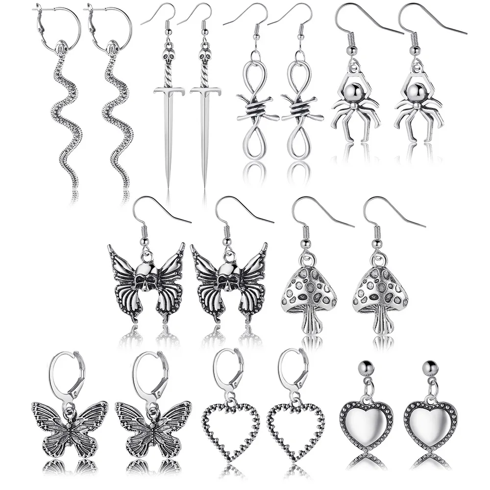 

Antique Silver Color Snake Butterfly Dangle Earring Set For Women Punk Spider Sword Heart Drop Earrings Set 2022 Jewelry