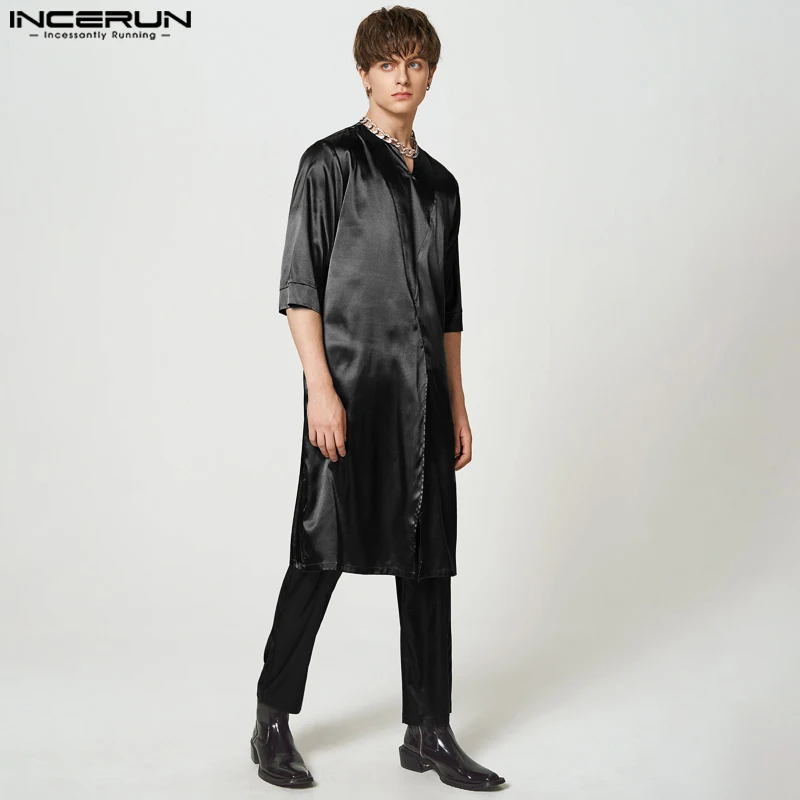 

Модные Повседневные Стильные комплекты INCERUN, новый мужской Халат средней длины, длинные брюки, мужские однотонные хорошо облегающие компле...