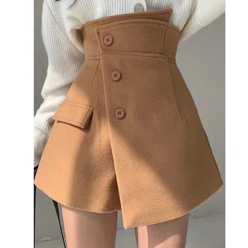 

Elegant Wool Sktrts Women Winter High Waist Solid Button Short Mini Skirts Female Office Lady Casual Korean Skirts Women 2021