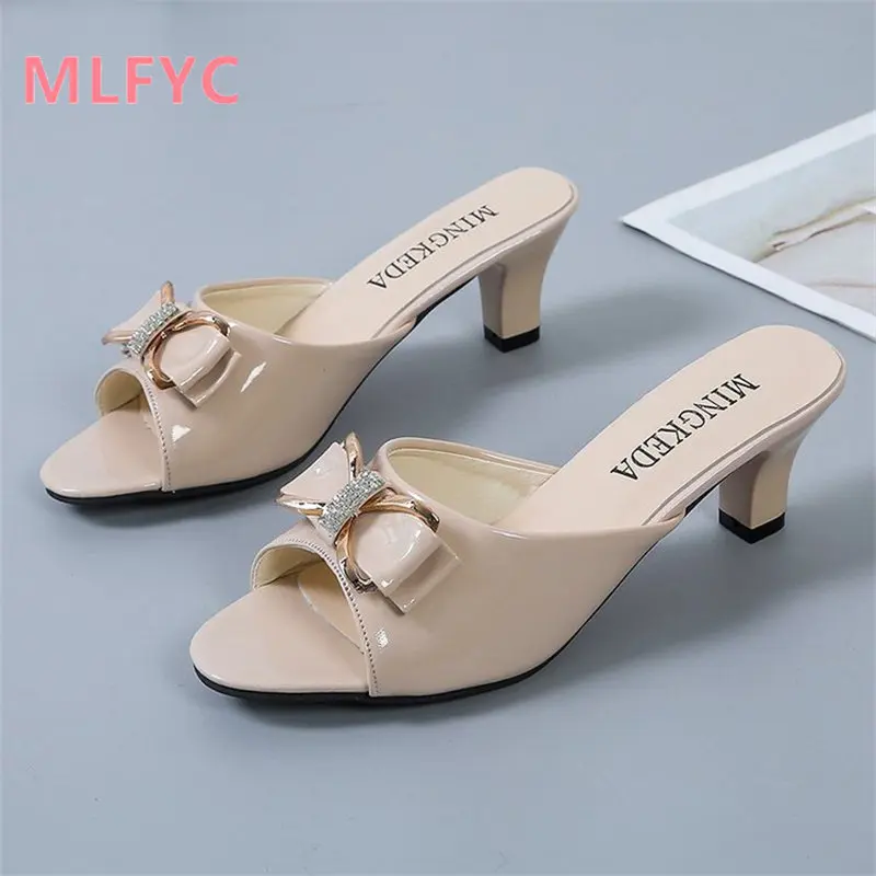 

Fashion Bowknot Slim Heel High Heel Shoes Women Wear Fish Mouth Slippers Large Size Sandals ladies Shoes 2023 Summer New