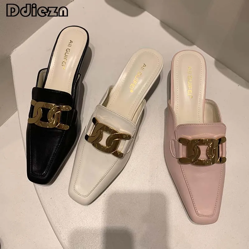 

2023 Women Pumps Female Shoes Thin High Heels New In Fashion Ladies Sandals Metal Square Toe Elegant Slides Footwear