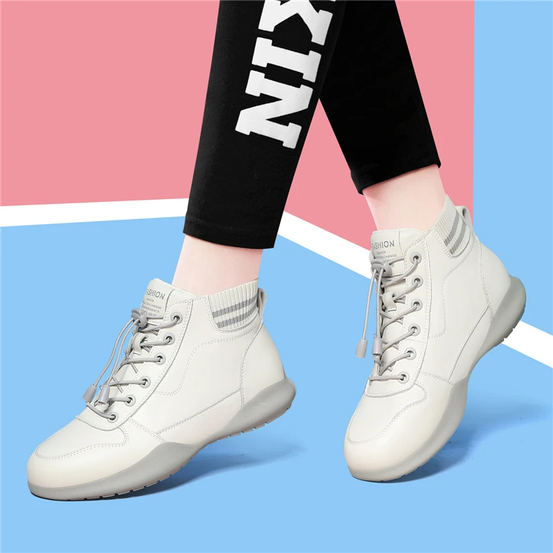 Кроссовки женские из натуральной кожи высокие без шнуровки повседневная обувь