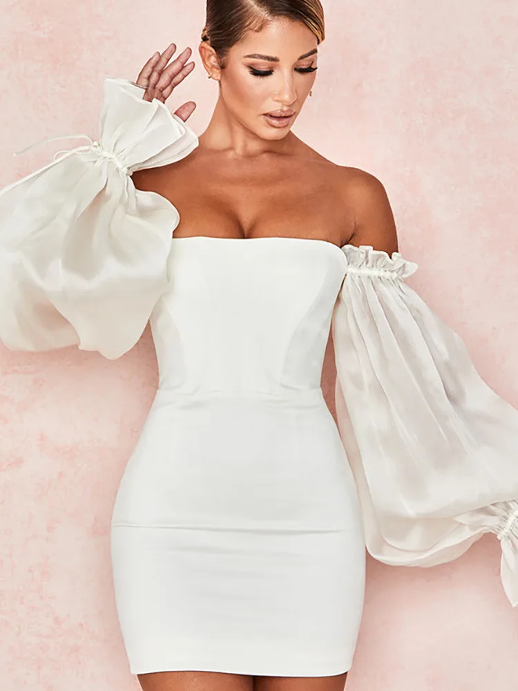 

Женское мини-платье с открытыми плечами DGIRL, белое сексуальное вечервечерние платье с длинными рукавами-фонариками и открытой спиной, лето ...