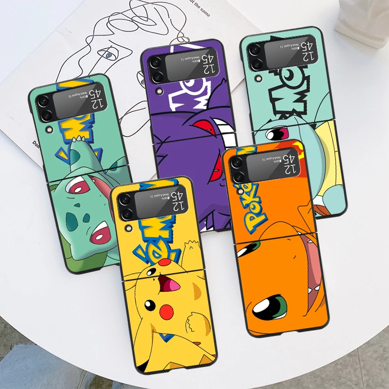 

Case For Samsung Galaxy Z Flip 4 3 5G Black Hard PC Luxury Bumper ZFlip3 Fashion Fall Prevention Phone Cover Pika Pokemoon Cute