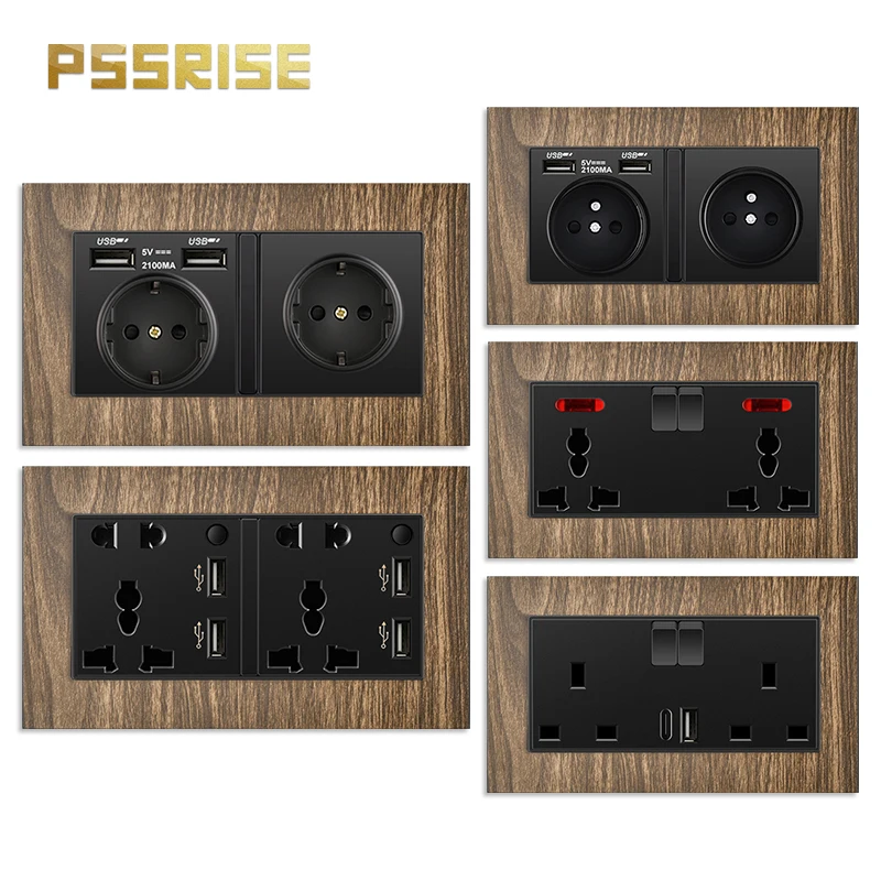 PSSRISE French EU Standard Wall Socket with 5V 2.1A USB Charger Aluminum Alloy Wood Grain Panel Power Outlet USB Socket 146*86mm