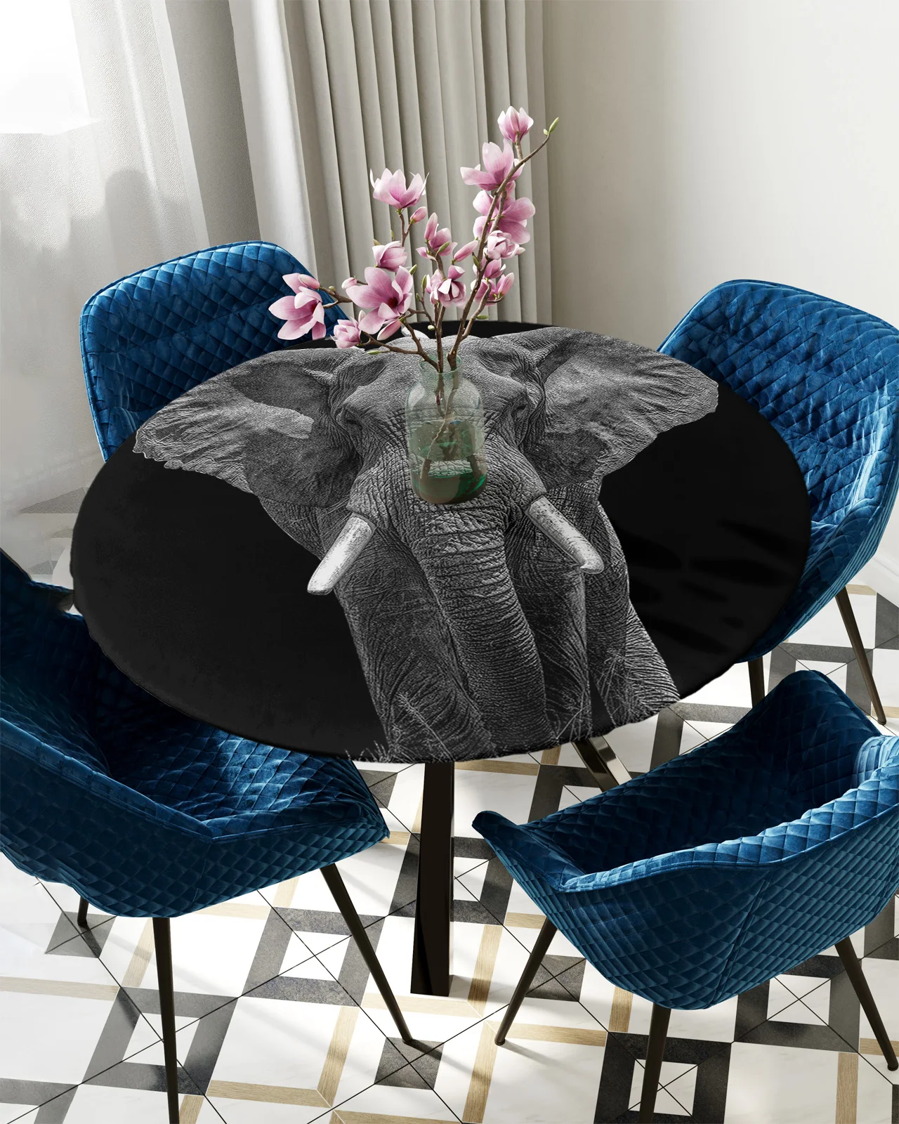 

Animal Elephant Black Round Rectangular Table Cover Waterproof Elastic Tablecloth For Kitchen Table Cloth Home Decoration