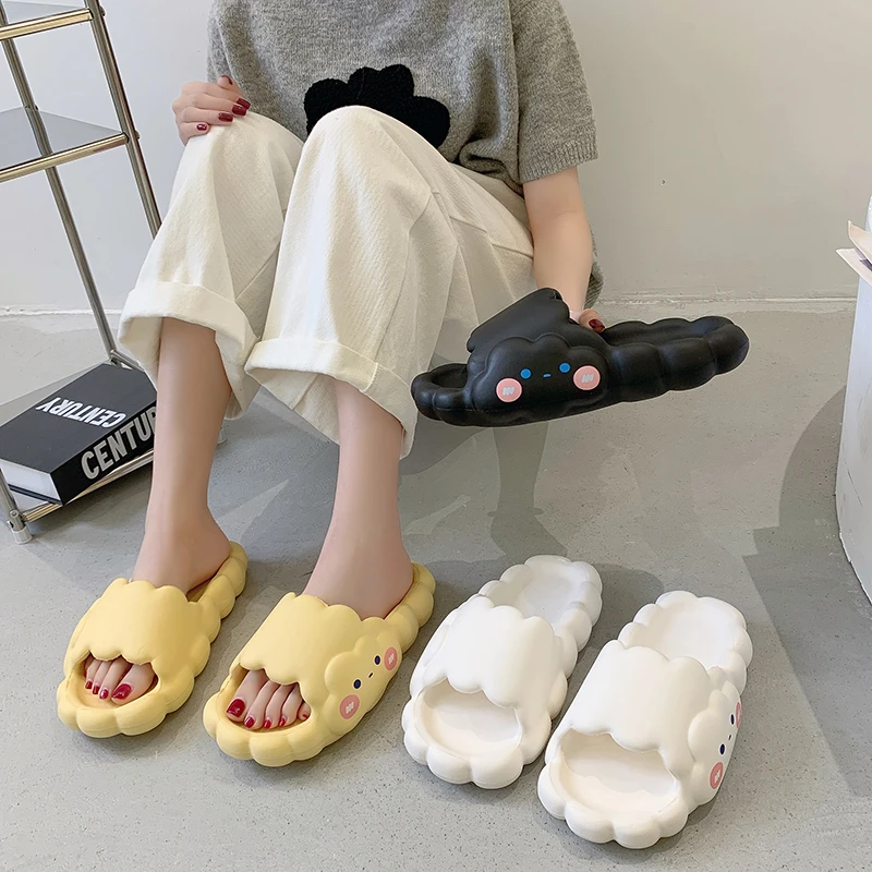 

Summer Women Men's Slippers Thick Platform Beach Slide Sandals Non-slip Flip Flops Funny Design Cartoon Clouds Ladies Bath Shoes