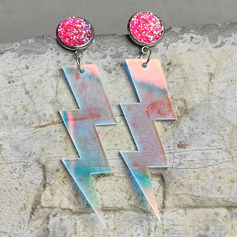 

Hot Selling Acrylic Fashion Lightning Earrings Trend Glitter Powder Laser Stainless Steel Pin Stud Earrings for Women Girl