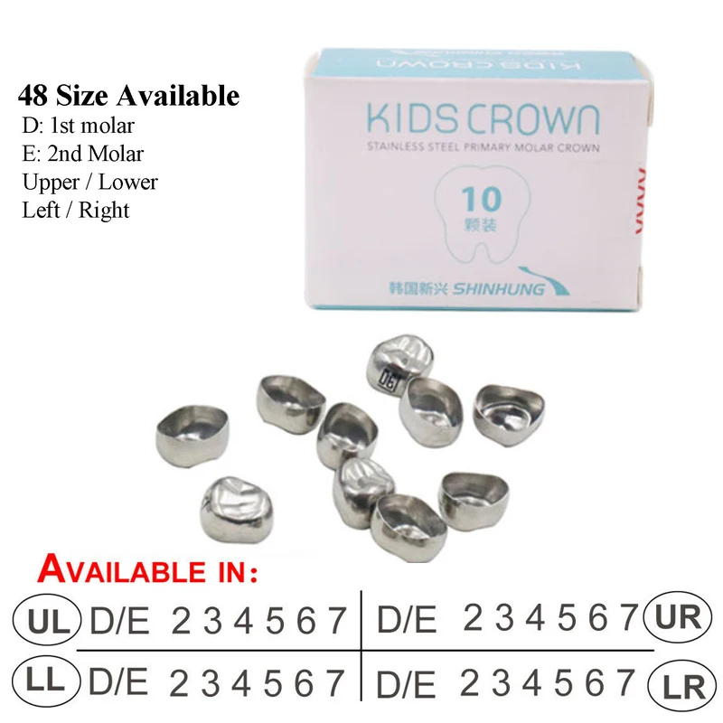 

Korea SHINHUNG 10Pcs/Box Dental Kids Crown Stainless Steel Primary Temporary Molar Refill for Upper/Lower Left/Right Molar